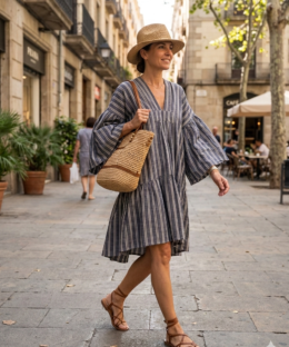 Keten Çizgili Elbise